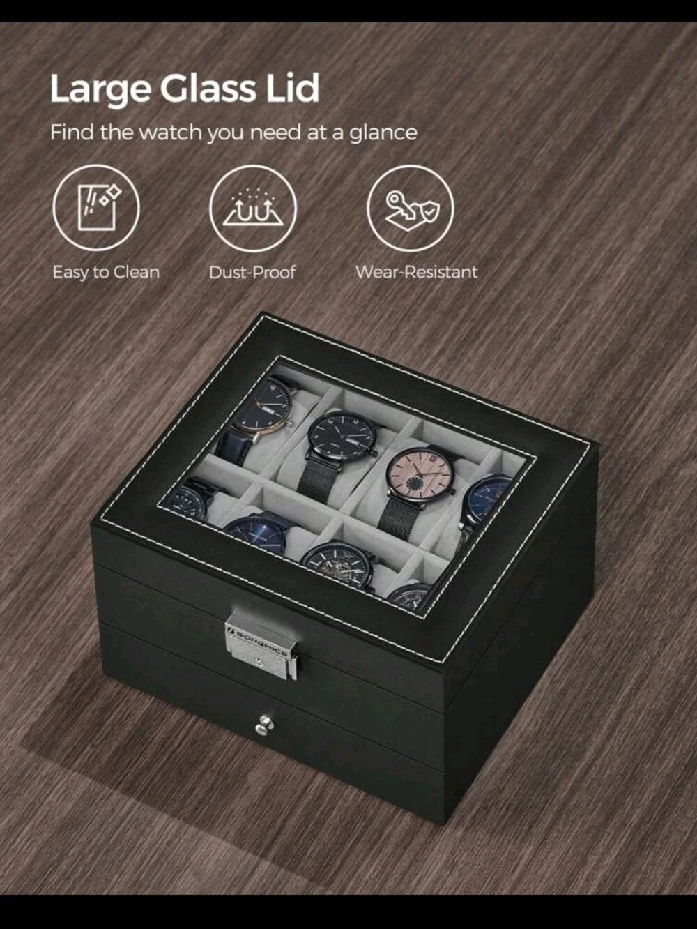 Men's Black Watch Storage Box with Glass Lid